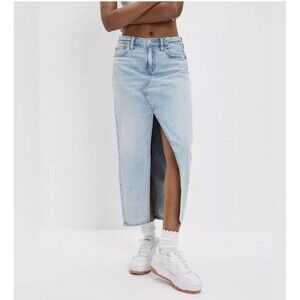 American Eagle Dreamy Drape Low Rise Denim Y2K Maxi Skirt Size 14